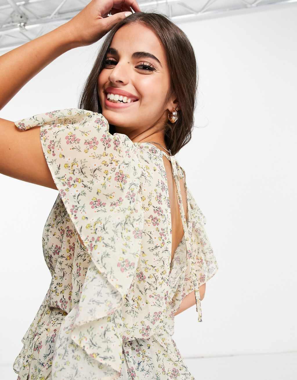 ASOS DESIGN v neck top with ruffle sleeve detail in sheer floral print  Product Image