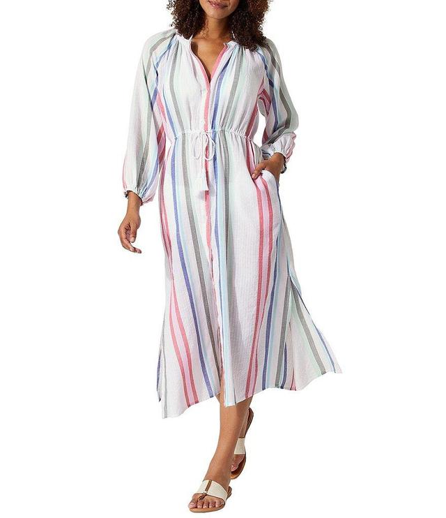 Tommy Bahama Stripe Dobby Texture Split V-Neck Button Front Duster Swim Cover-Up Product Image