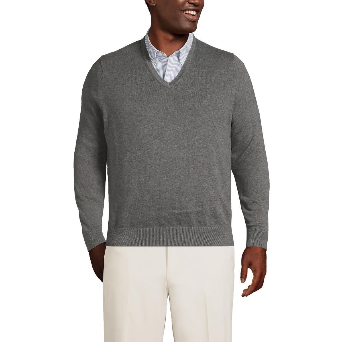 Mens Lands End Classic-Fit Fine-Gauge Supima Cotton V-neck Sweater Grey Product Image