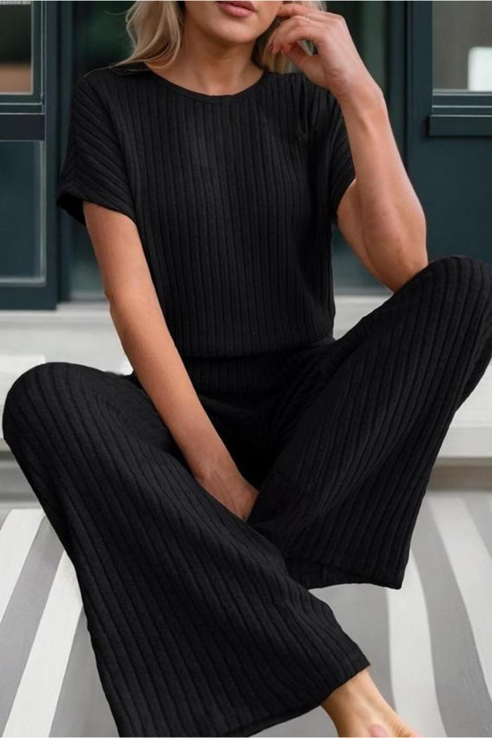 Solid Color Ribbed Short Sleeve Wide Leg Jumpsuit Product Image