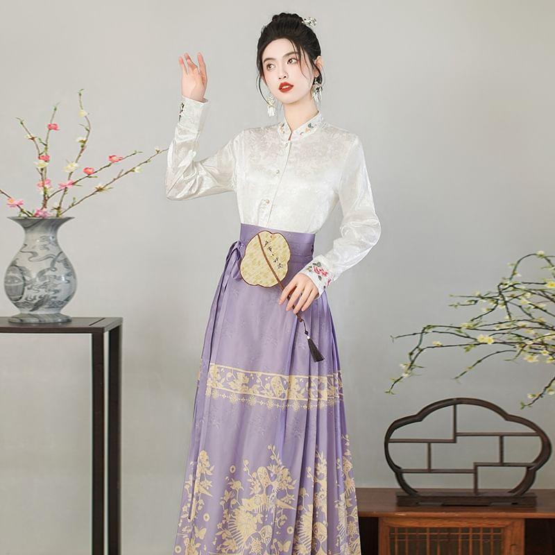 Long-Sleeve Mandarin Collar Floral Embroidered Blouse / High Waist Print Maxi Ma Mian Skirt Product Image