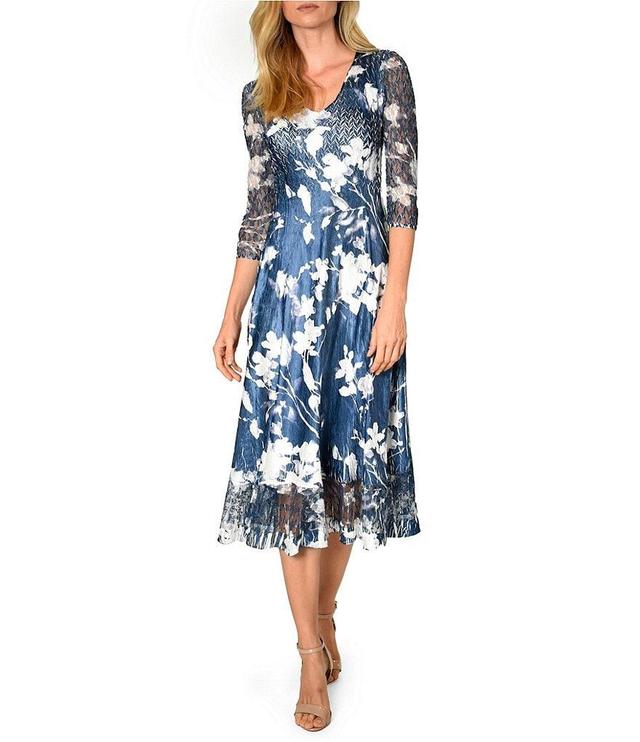 Komarov V-Neck Sheer Hem 3/4 Sleeve Midnight Vine Floral Print Charmeuse Midi Dress Product Image