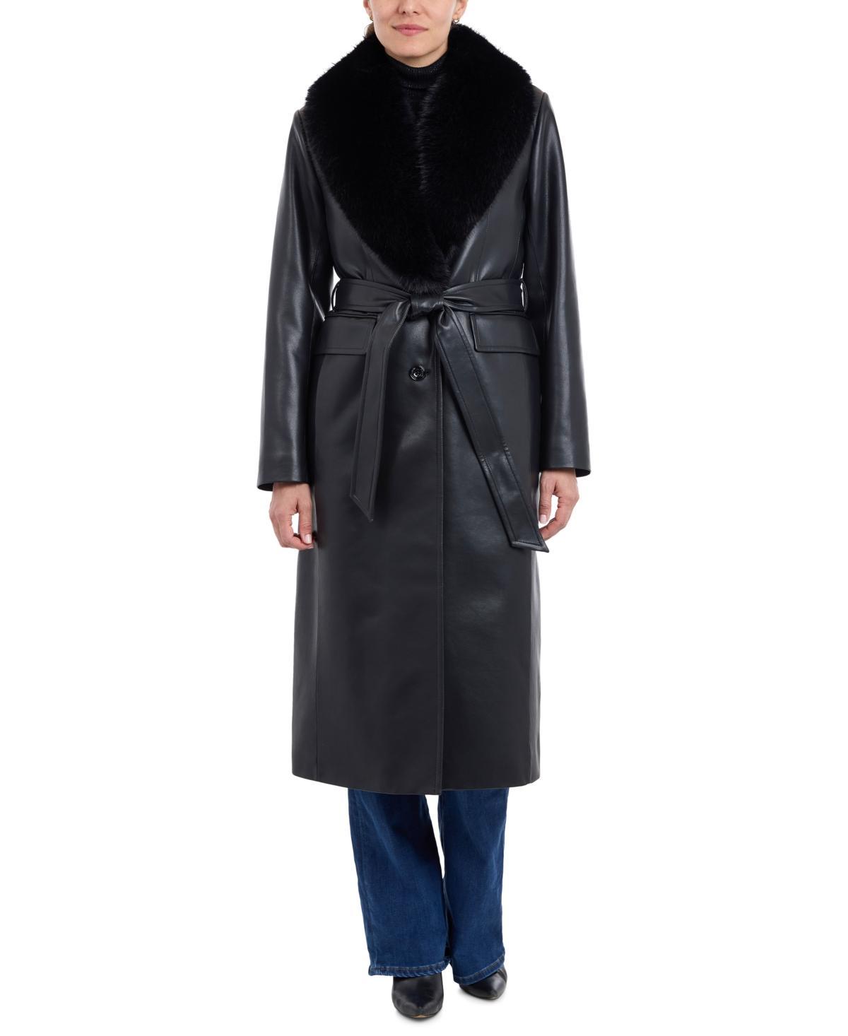 Michael Michael Kors Womens Faux-Fur-Trim Faux-Leather Trench Coat Product Image