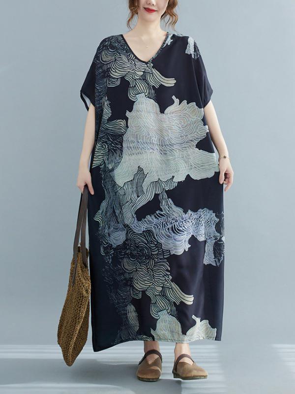 Loose Short Sleeves Floral Printed V-Neck Midi Dresses Product Image