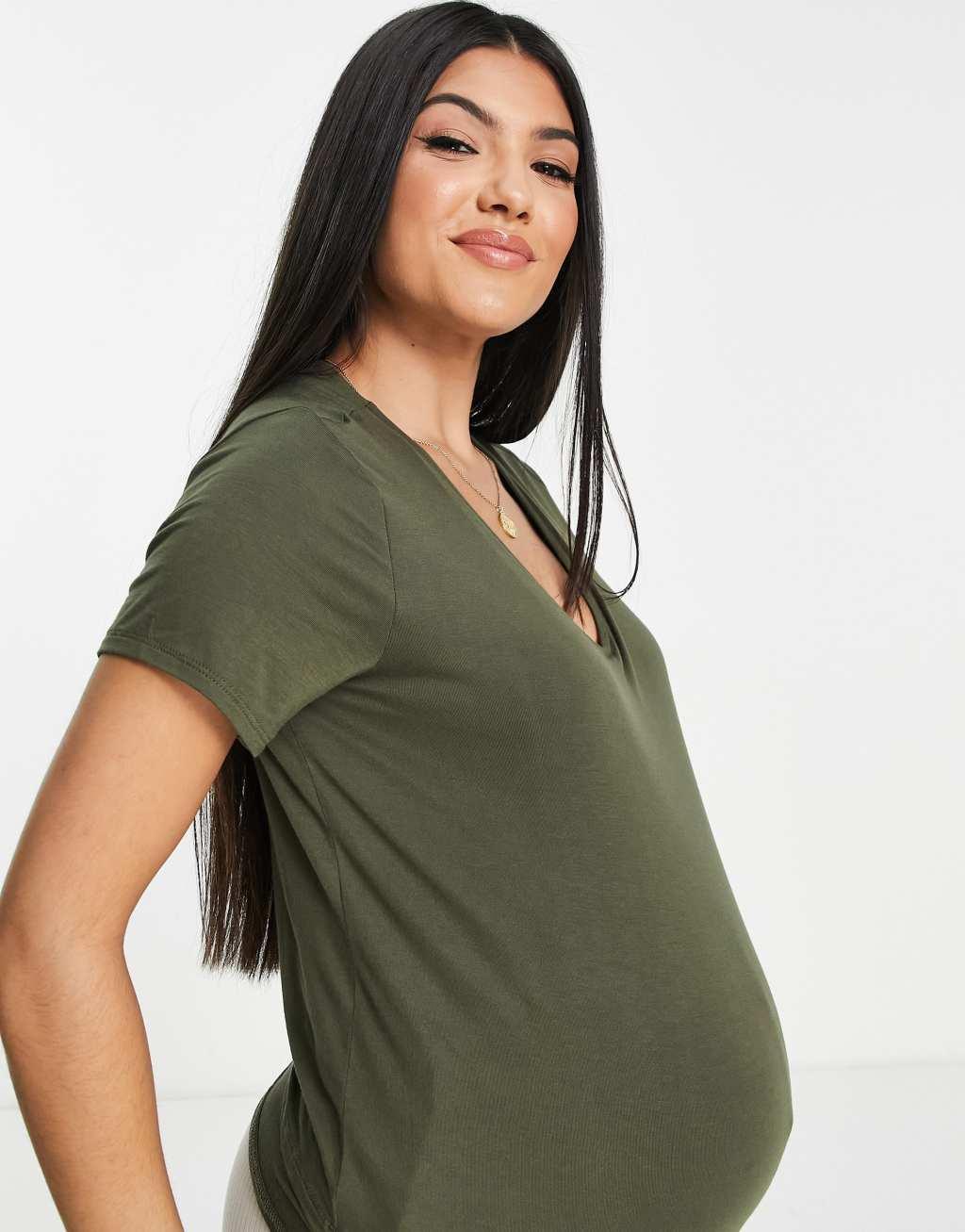 Flounce London Maternity fitted Stretch T-shirt in khaki Product Image