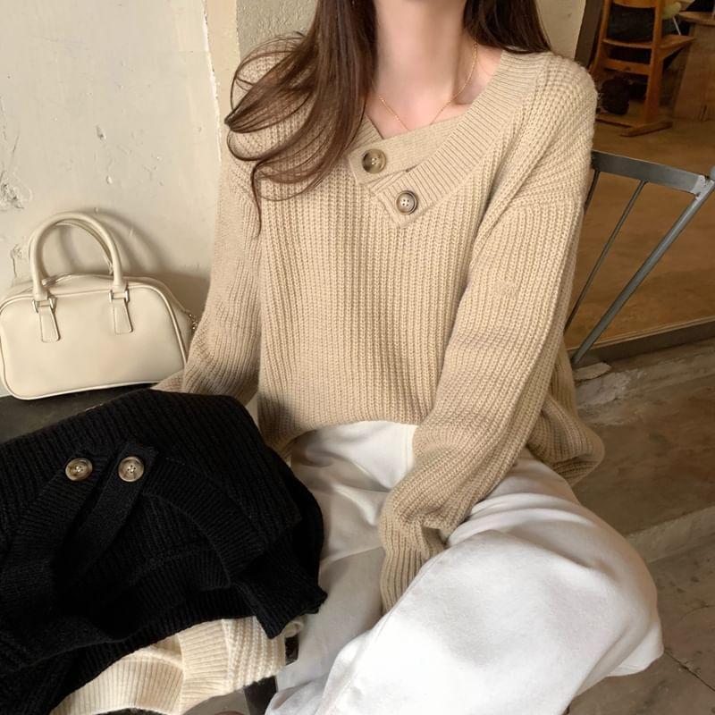 V-Neck Plain Buttoned Sweater Product Image