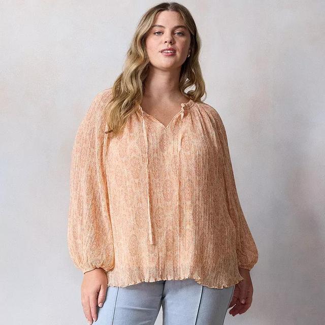 Plus Size LC Lauren Conrad Tie Front Peasant Top, Womens Pink Layla Wallpaper Product Image