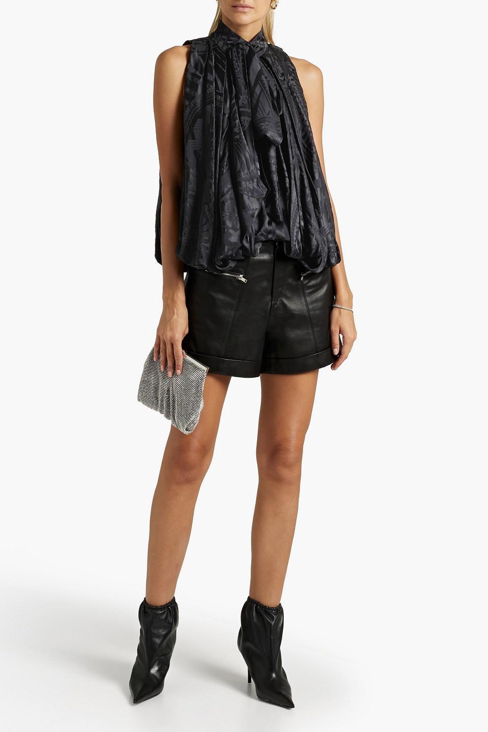 Bow-embellished Pleated Silk-blend Satin-jacquard Top In Black Product Image