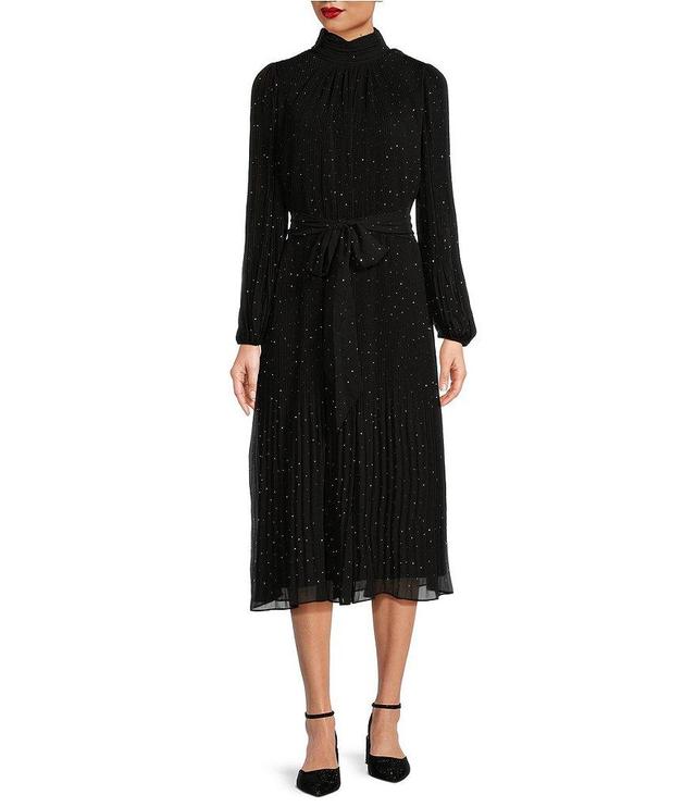 Alex Marie Jolene Rhinestone Mock Neck Long Sleeve Tie Waist Pleated Flounce Midi Shift Dress Product Image