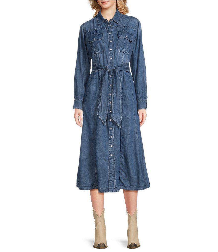 Reba Denim Point Collar Button Down Flared Shirt Tie Waist Midi Dress product image