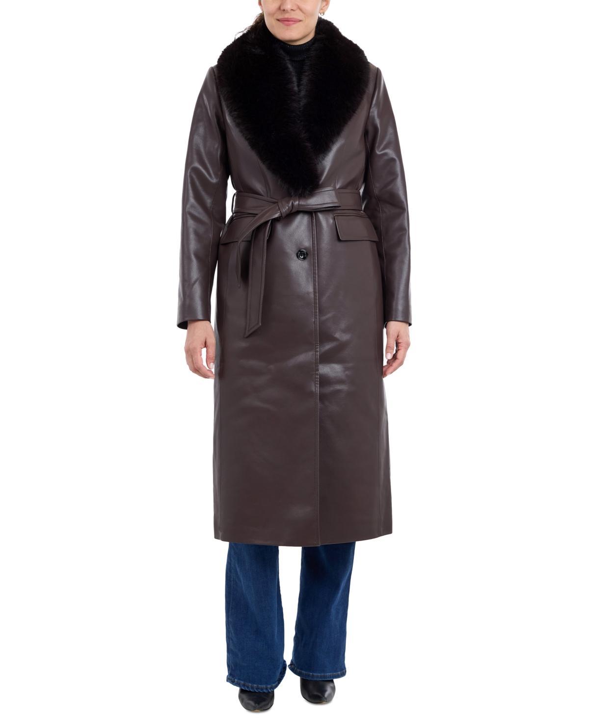 Michael Michael Kors Womens Faux-Fur-Trim Faux-Leather Trench Coat Product Image