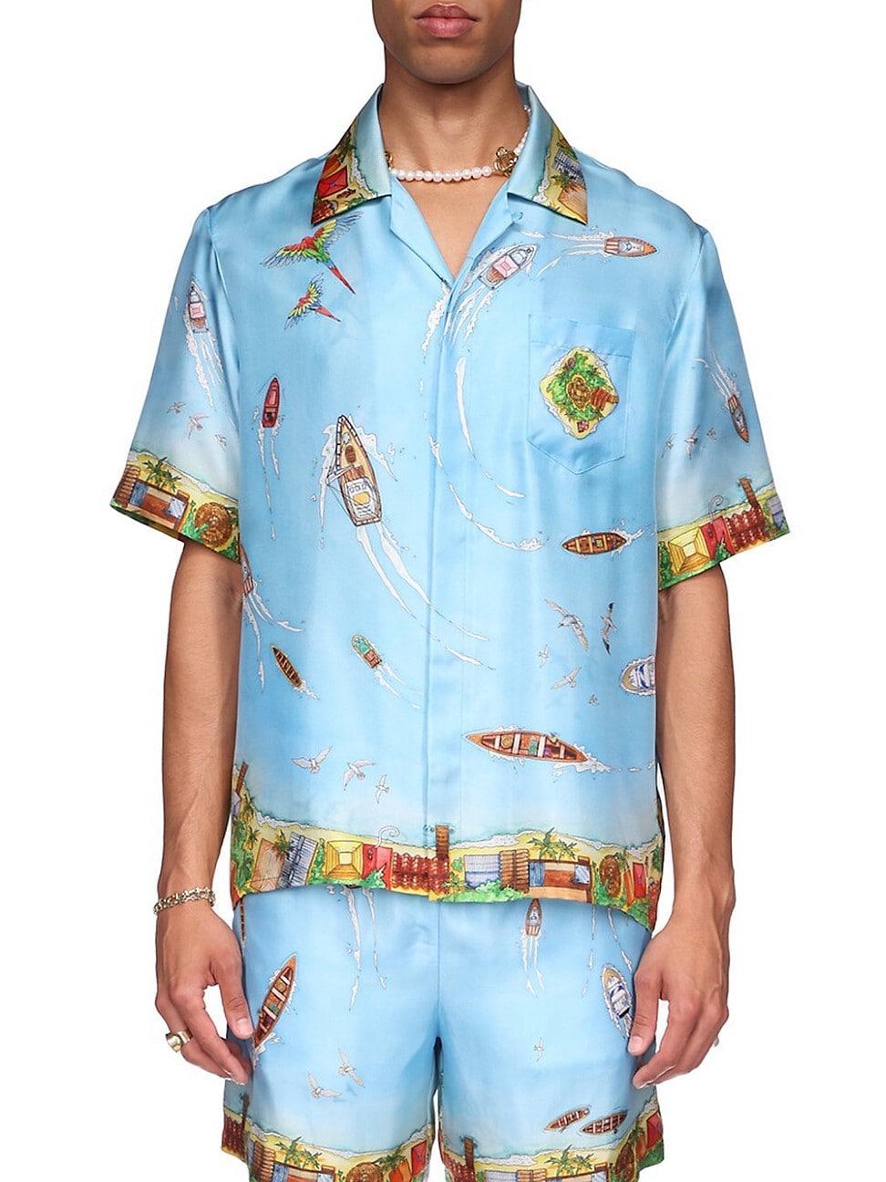 Casablanca Cuban Collar Short Sleeve Shirt Blue. (also in XL). Product Image