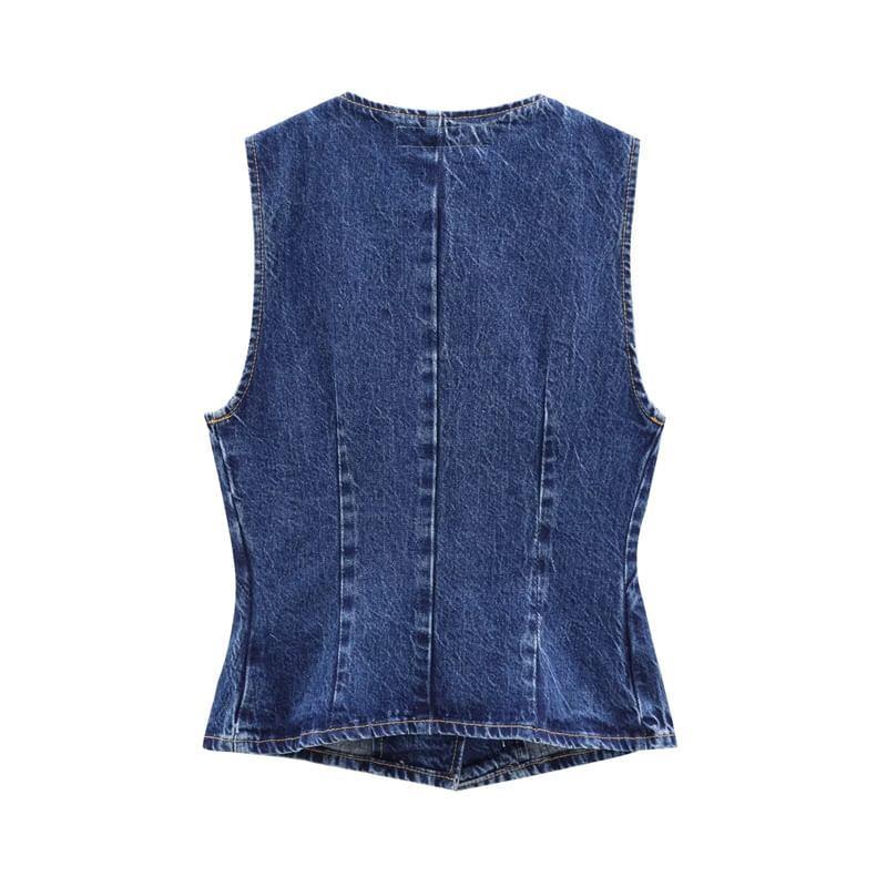 V-Neck Washed Denim Button Down Cropped Vest Product Image