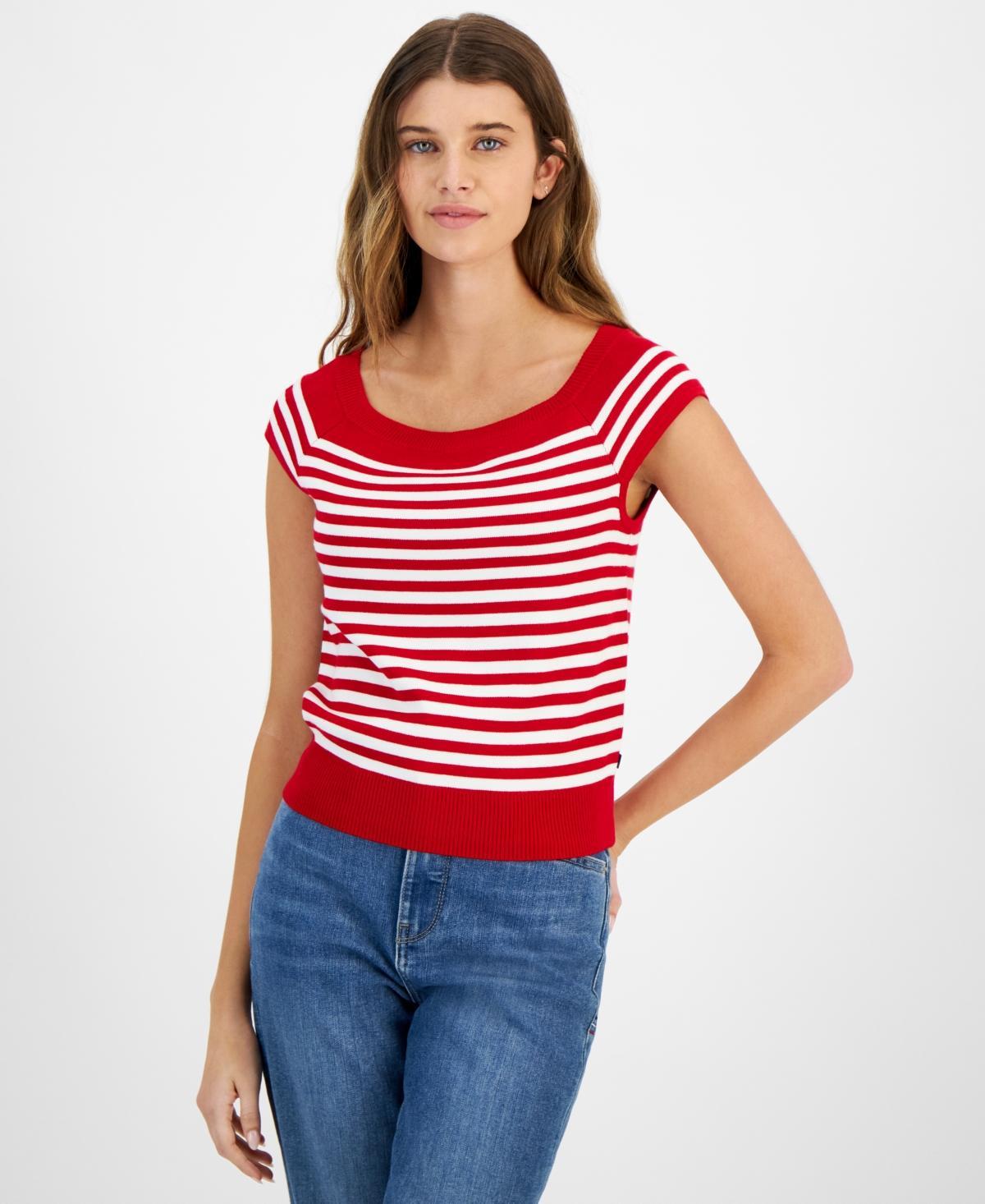 Tommy Hilfiger Womens Striped Cap-Sleeve Sweater - Scarlt Product Image