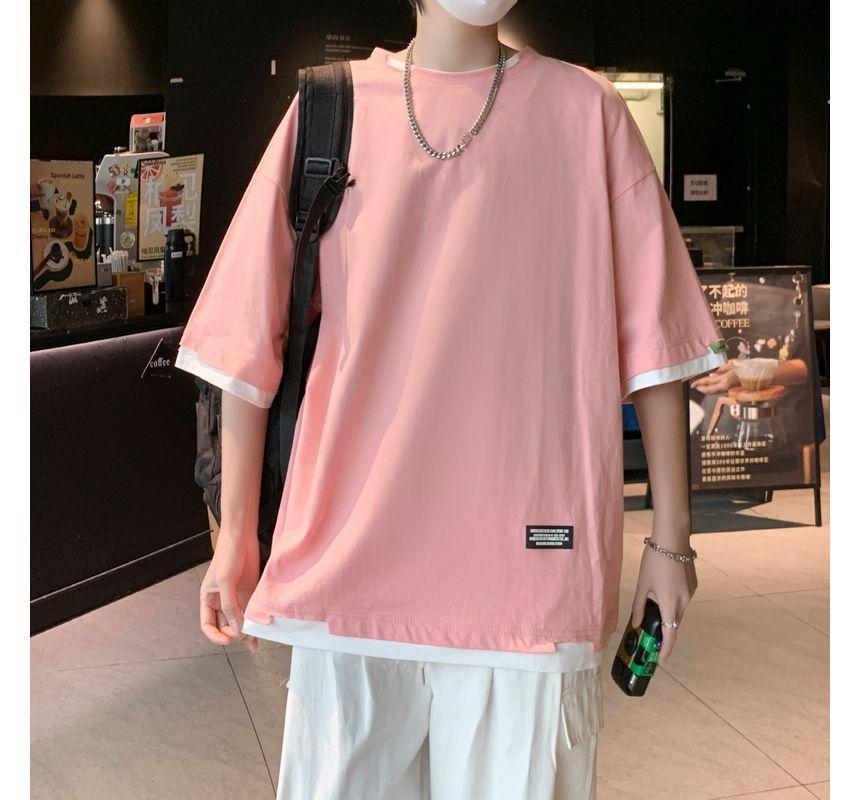 Mock Two-Piece Elbow-Sleeve Crew Neck T-Shirt Product Image