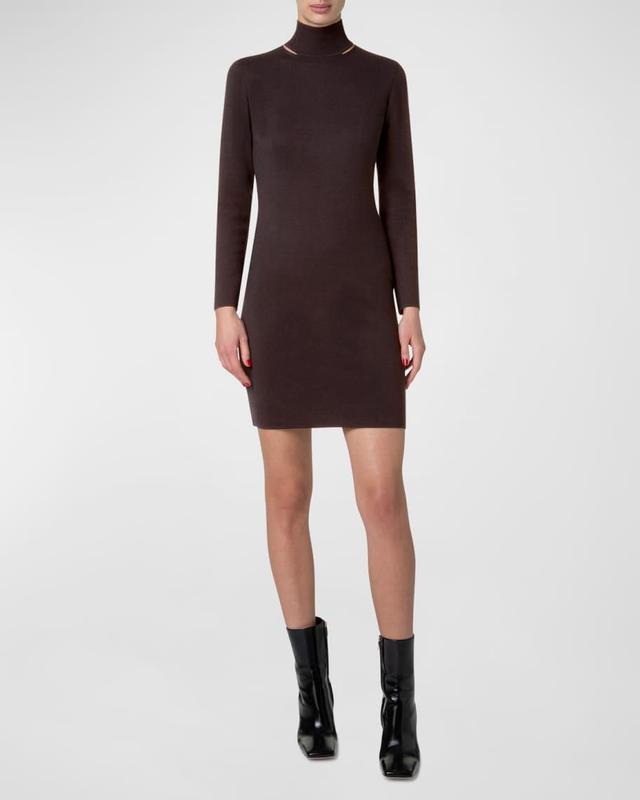 Mock-Neck Slits Long-Sleeve Knit Mini Dress Product Image