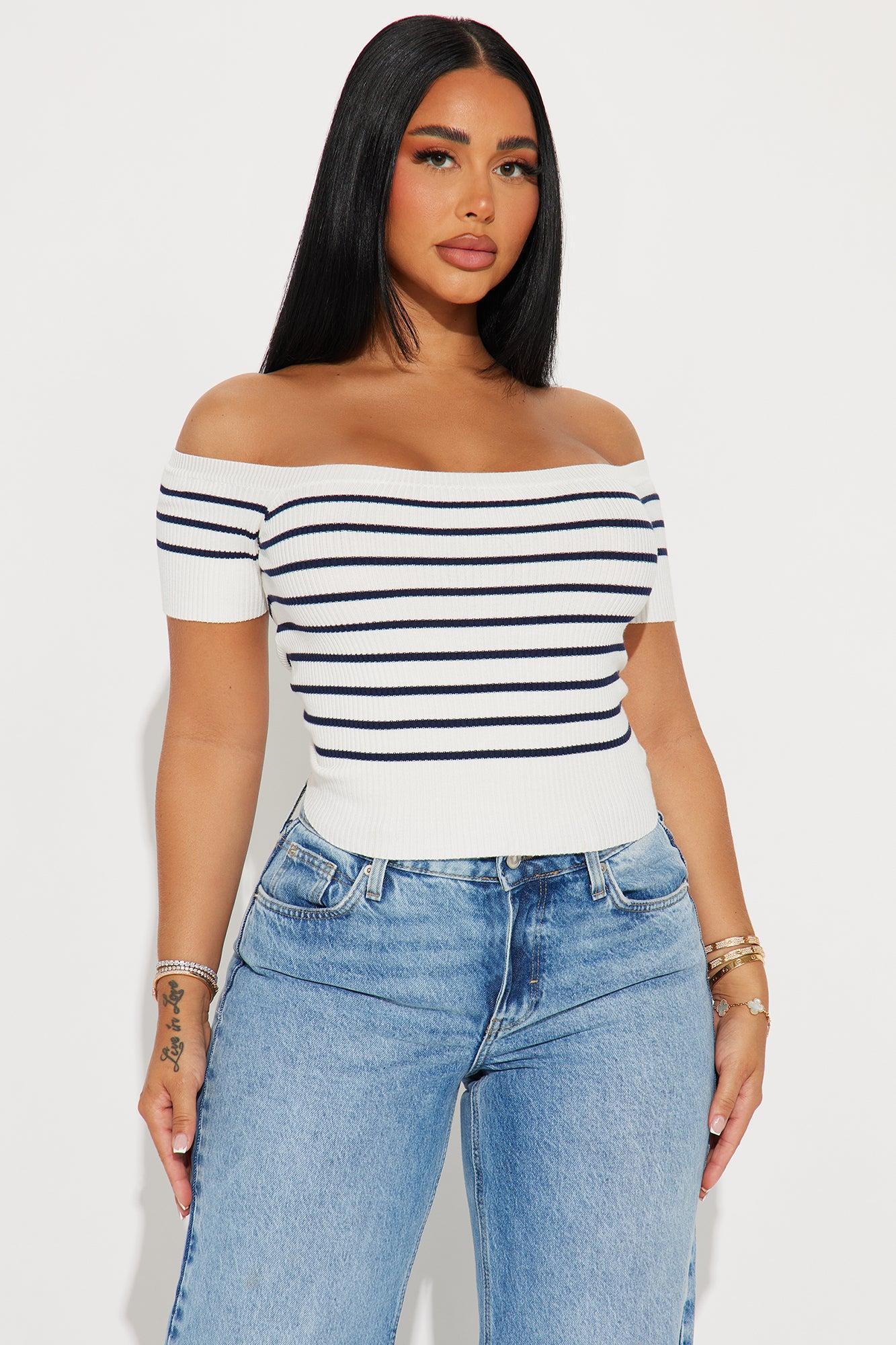 Sailing Striped Off Shoulder Sweater - White/combo Product Image