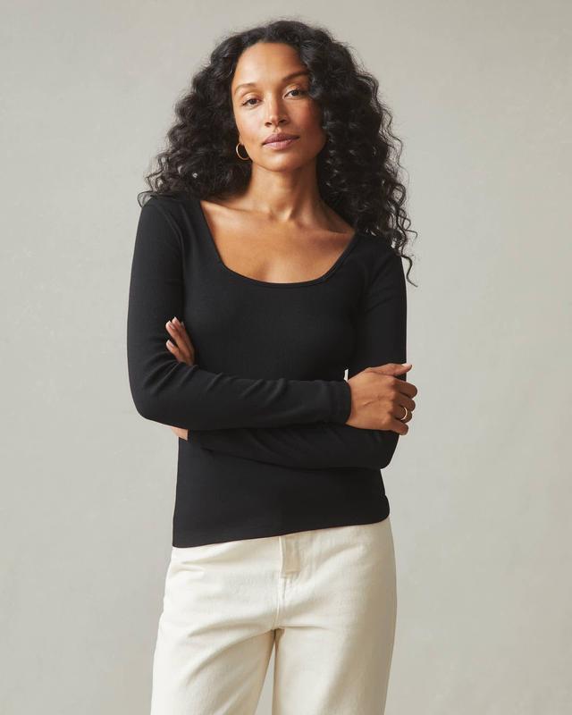 Stretch Rib Square Neck Long Sleeve - Black Product Image