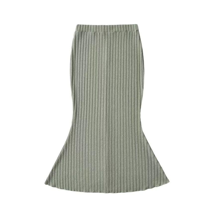 High Waist Plain Ribbed-Knit Midi Pencil Skirt Product Image