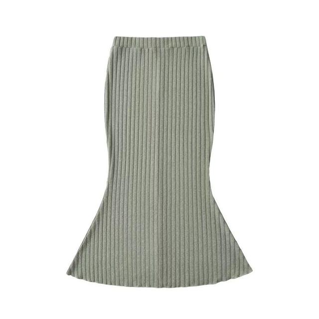 High Waist Plain Ribbed-Knit Midi Pencil Skirt Product Image