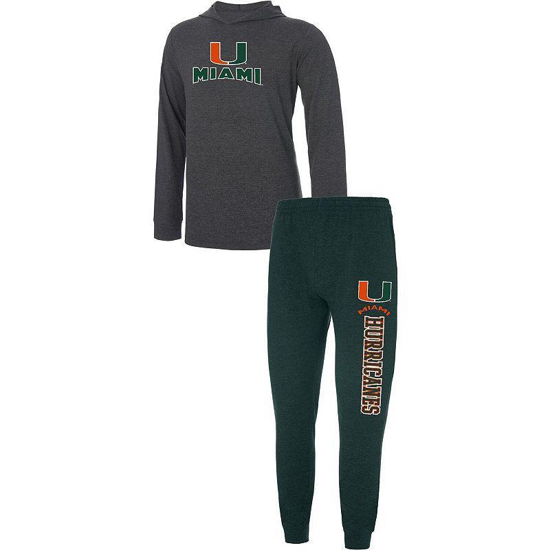 Mens Concepts Sport Green/Charcoal Miami Hurricanes Meter Long Sleeve Hoodie T-Shirt & Jogger Pants Set Product Image