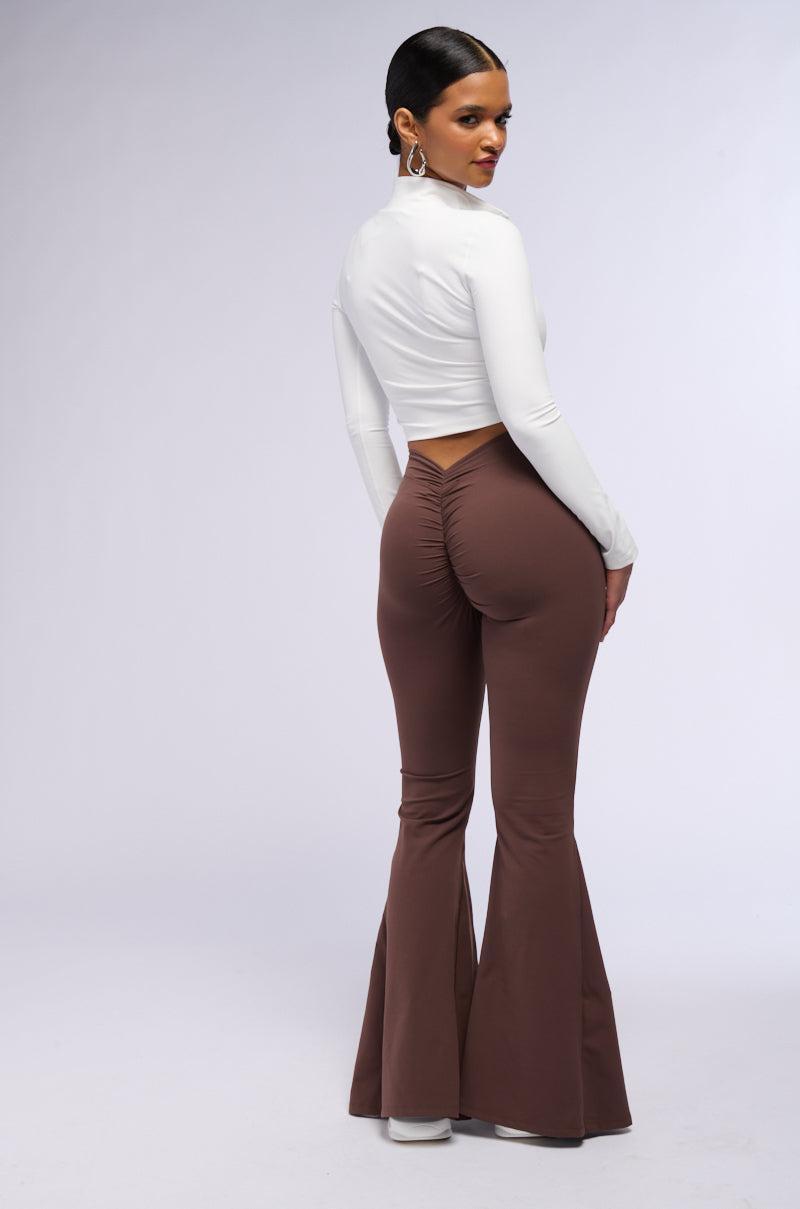 ON THE RUN RUCHED BACK FLARE LEGGING IN BROWN Product Image