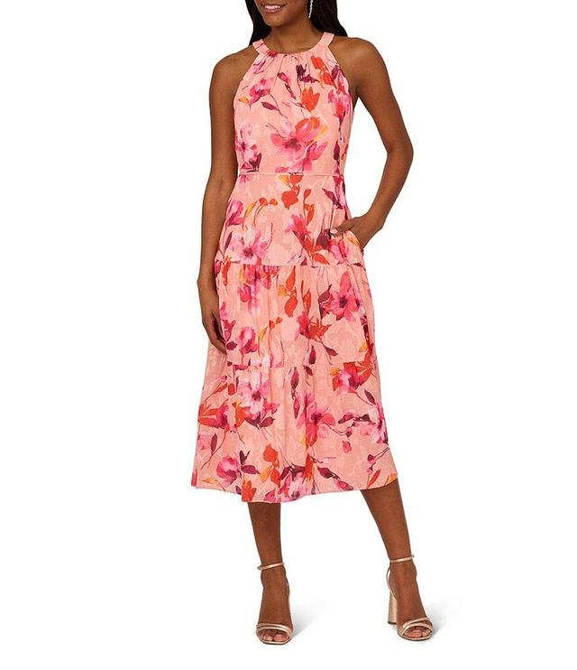 Adrianna Papell Floral Print Chiffon Halter Neck Sleeveless Shirred Tiered Dress Product Image