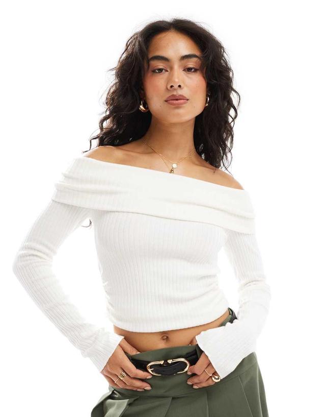 Bershka ribbed bardot top in ecru Product Image