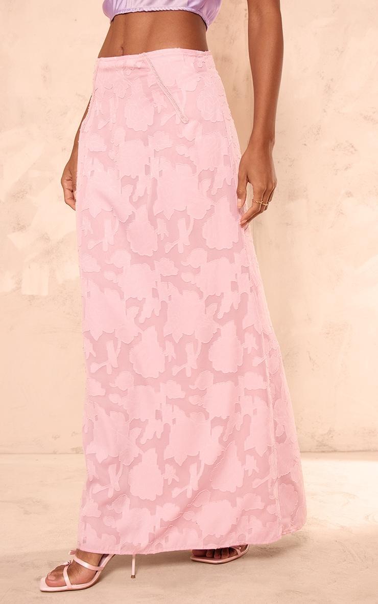 Dusty Pink Distressed Floral Woven Maxi Skirt Product Image