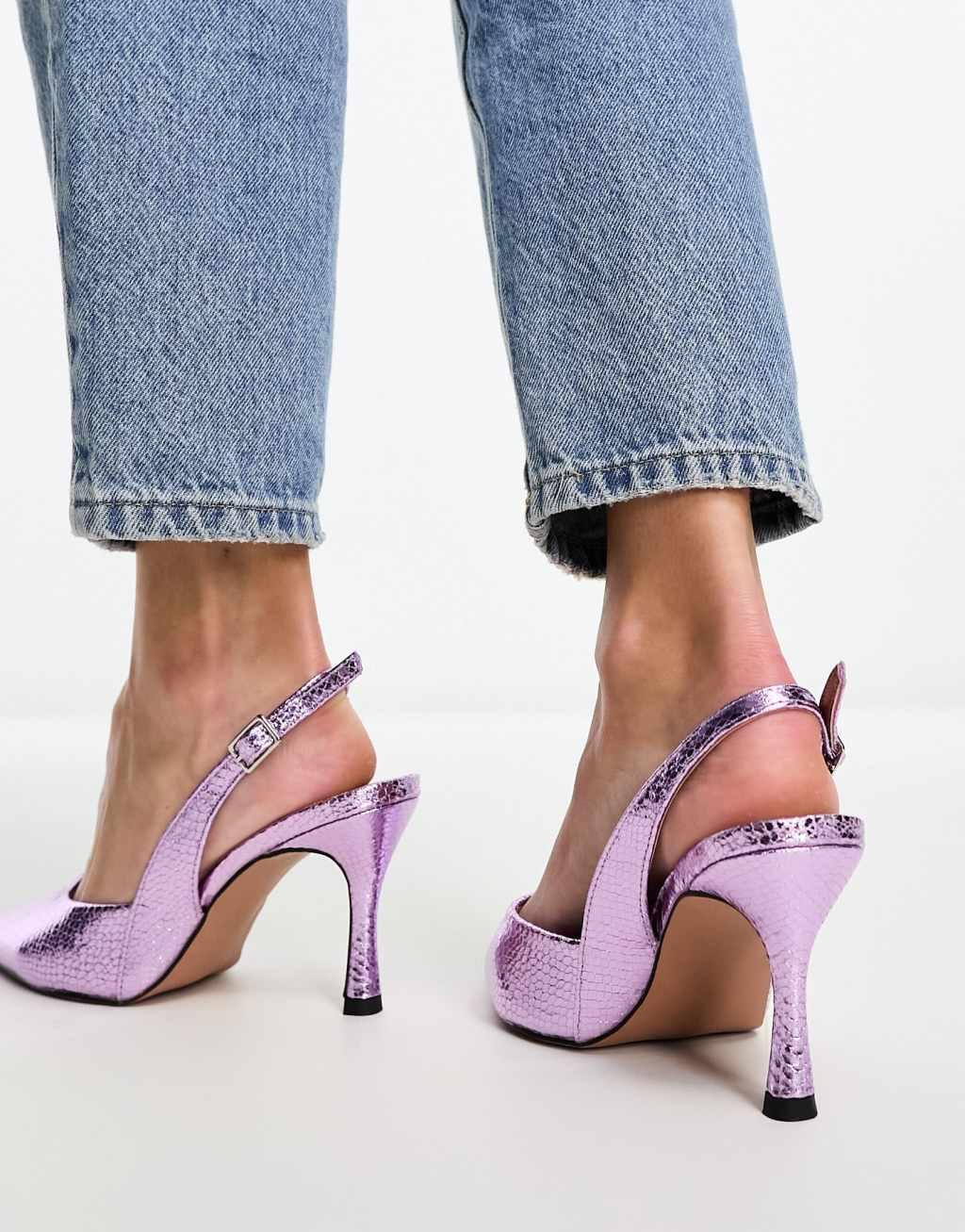 ASOS DESIGN Wide Fit Samber slingback stiletto heels in lilac metallic Product Image