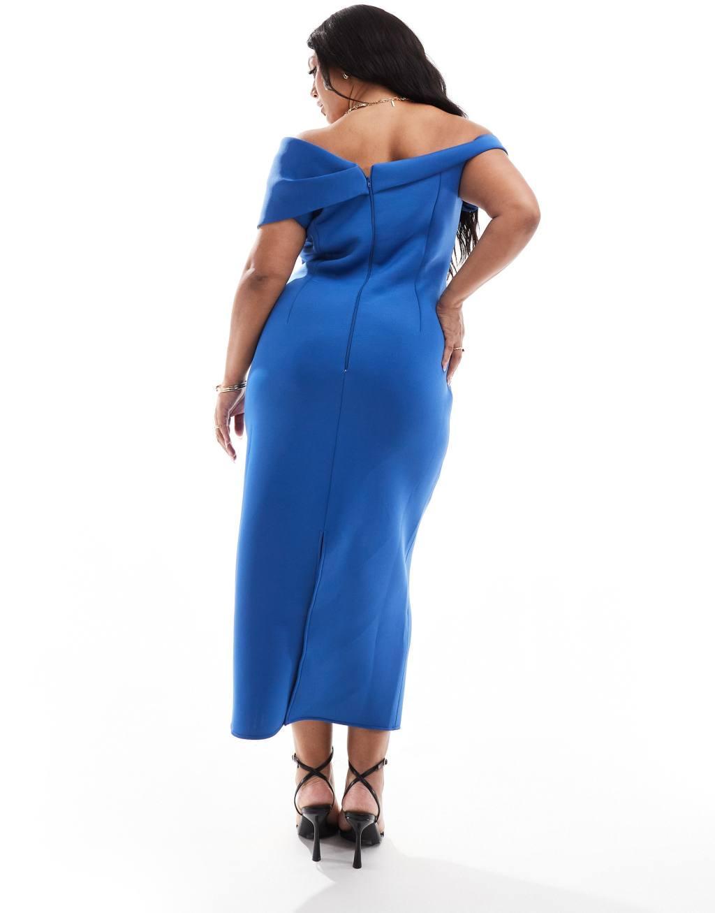 ASOS DESIGN Curve off shoulder scuba midi dress with pleat bust in blue Product Image