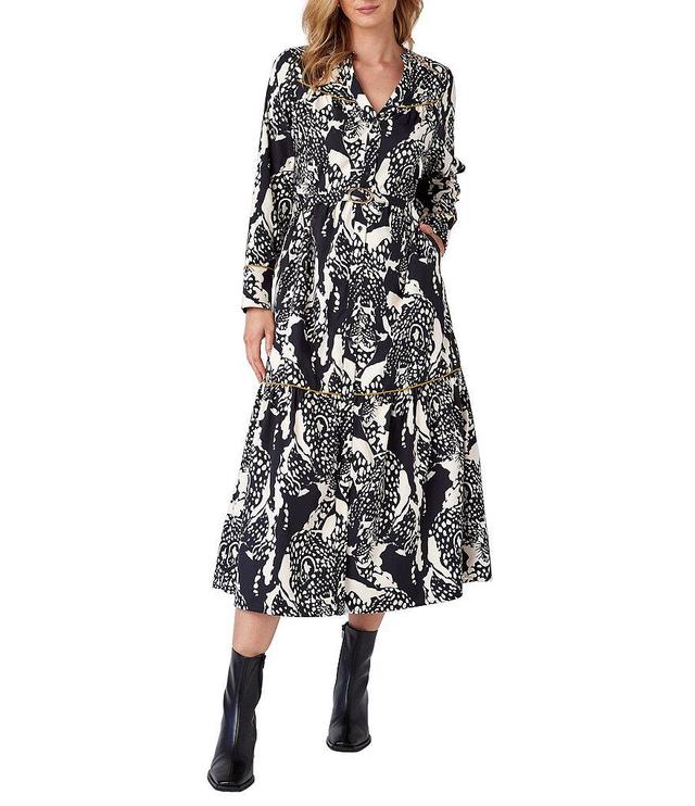 CROSBY by Mollie Burch Delphine Taffeta Leopard Split Round Long Sleeve Button Front Belted Midi A-Line Shirt Dress Product Image