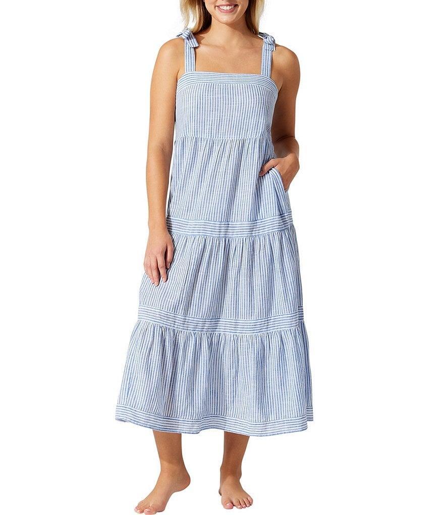 Tommy Bahama Shore Stripe Square Neck Tiered Hem Swim Cover-Up Dress Product Image