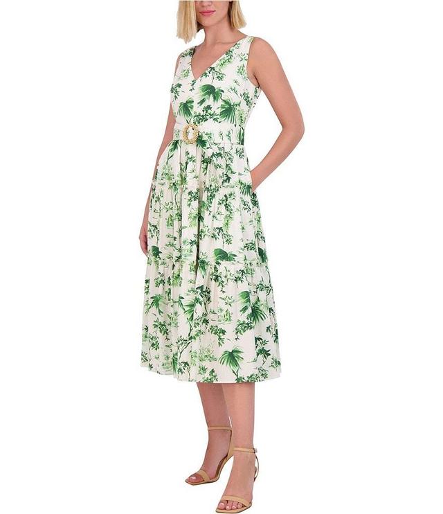 Vince Camuto Leaf Print V-Neck Sleeveless Belted Hardware Detail Midi A-Line Dress Product Image