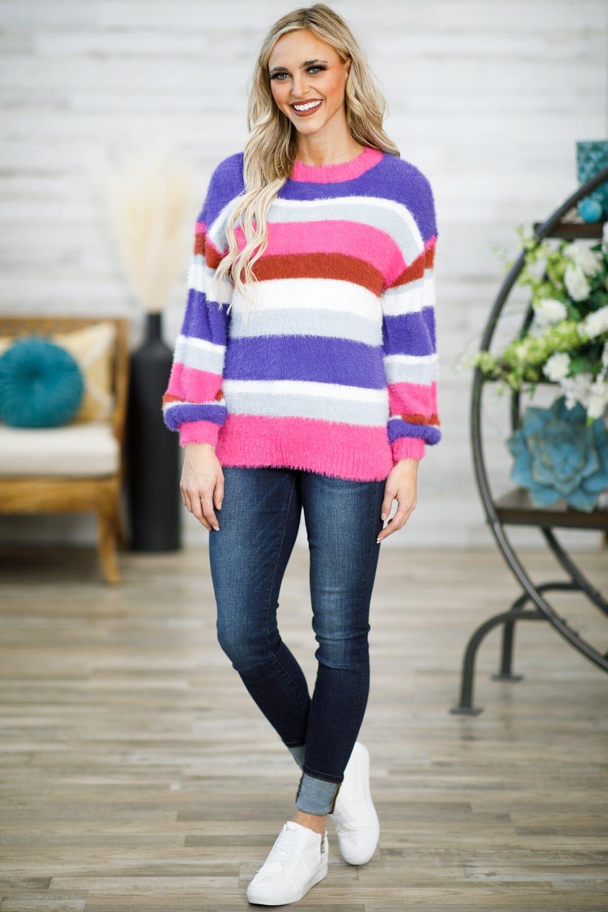 Hot Pink and Purple Multicolor Stripe Sweater Product Image