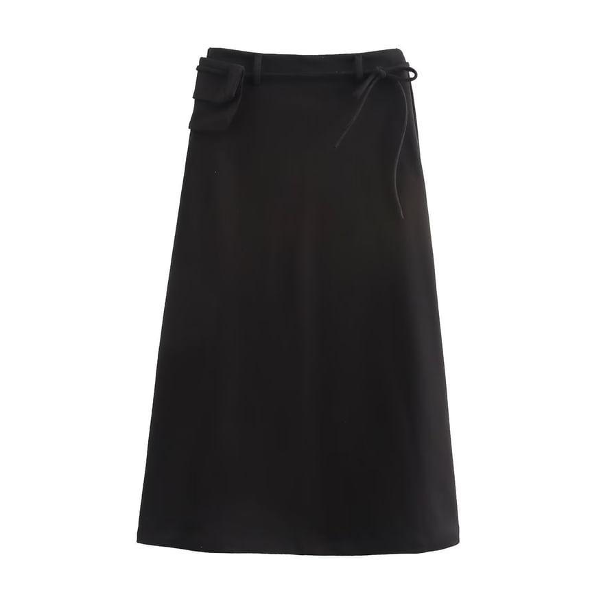 Drawstring Waist Plain Pocket Detail Midi A-Line Skirt Product Image