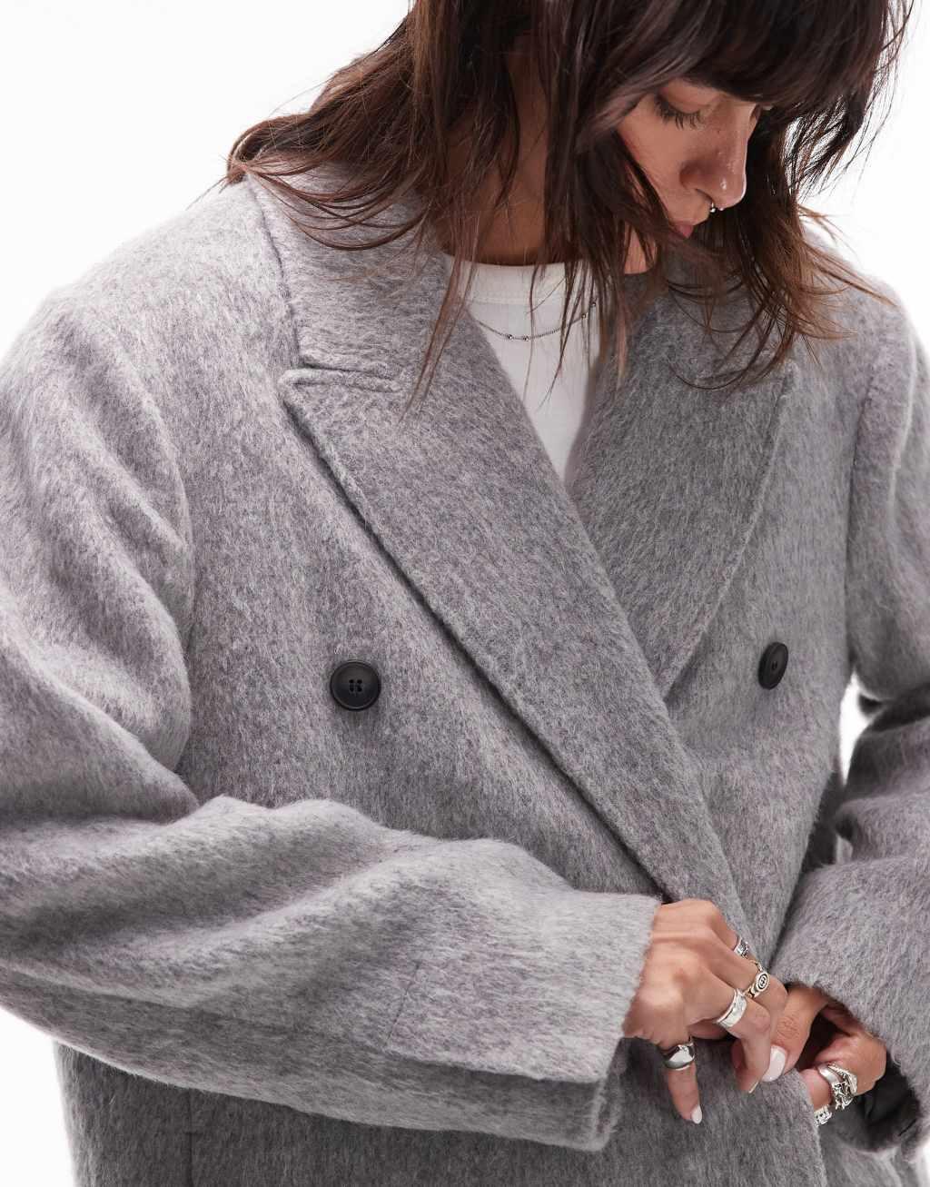 Topshop double breasted brushed coat in gray Product Image