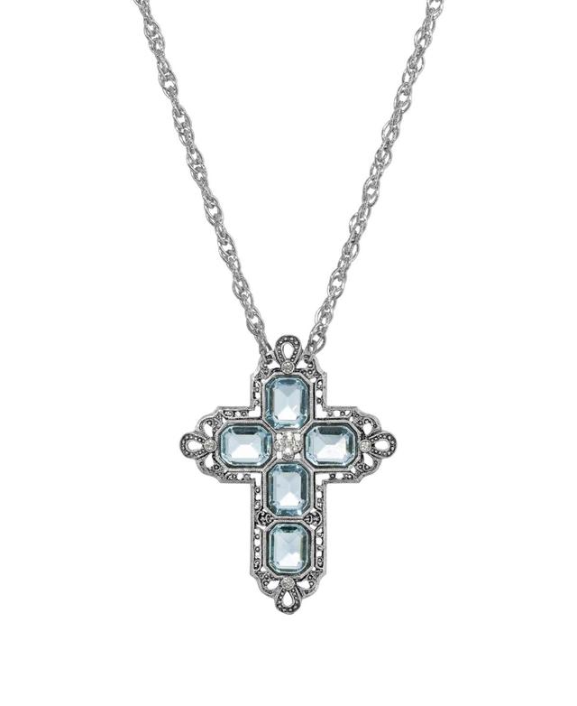 1928 Silver Tone Rectangle Simulated Crystal Cross Chain Necklace, Womens, Blue Product Image