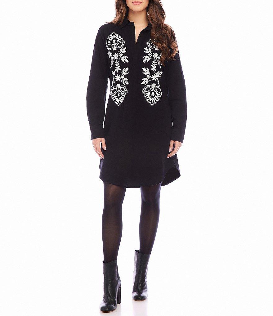 Karen Kane Embroidered Collared Split Neckline Long Sleeve Shirtdress Product Image