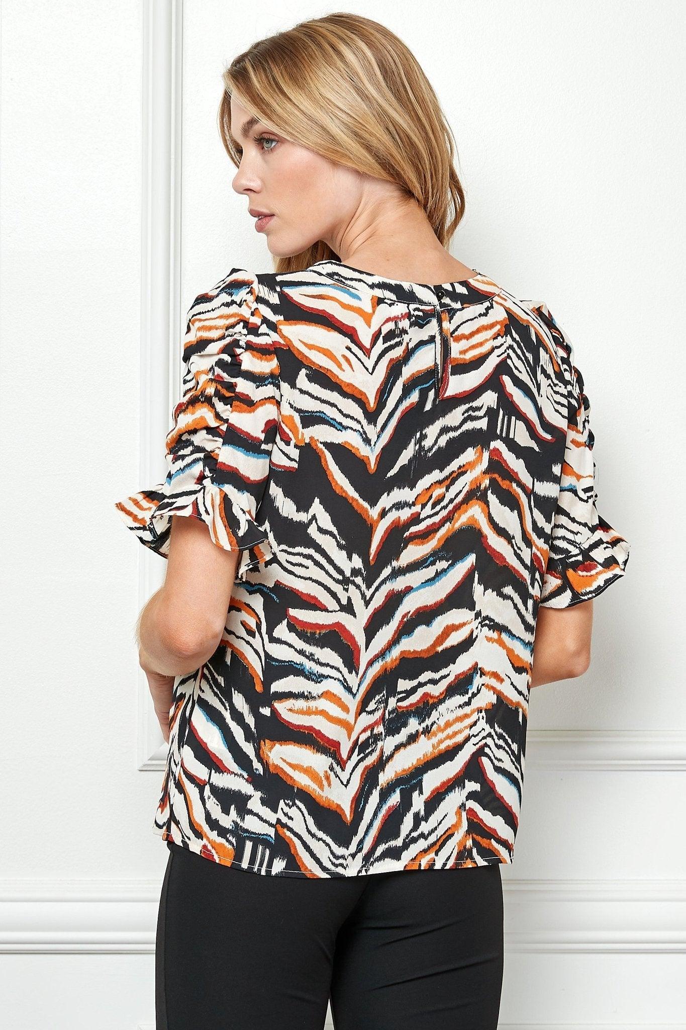 Black & White Tiger Rouche Sleeve Blouse Product Image