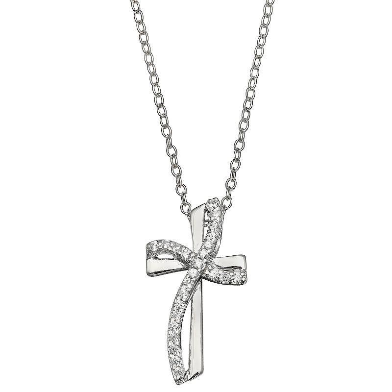 Womens PRIMROSE Primrose sterling silver polished pave cubic zirconia swirl cross pendant on 18 inch cable chain, secured with a spring-ring clasp to complete the look., Womens Silver Tone Product Image