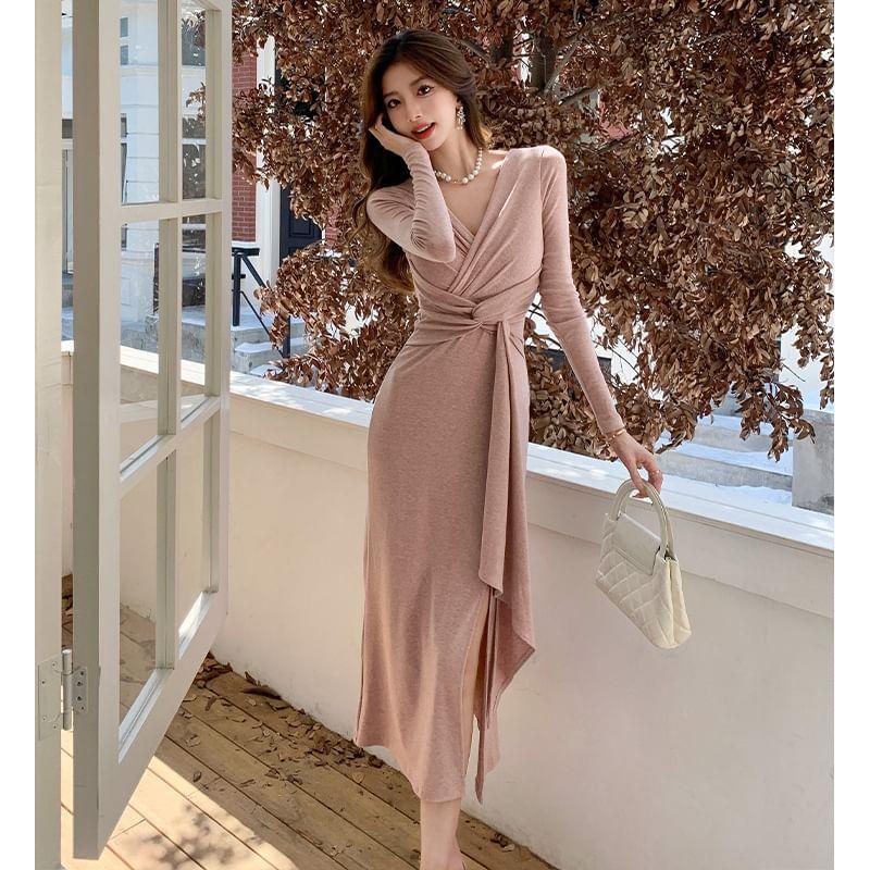 Long-Sleeve V-Neck Plain Tie Waist Slit Midi Sheath Dress Product Image