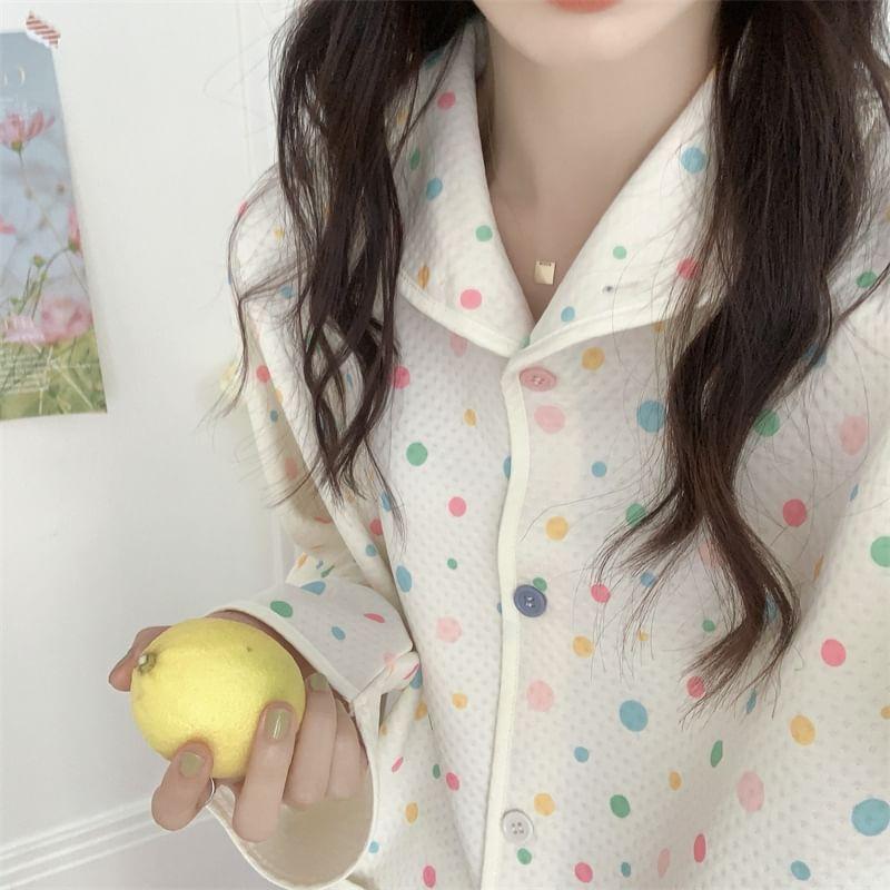 Pajama Set: Long-Sleeve Dotted Button-Up Shirt + Pants Product Image