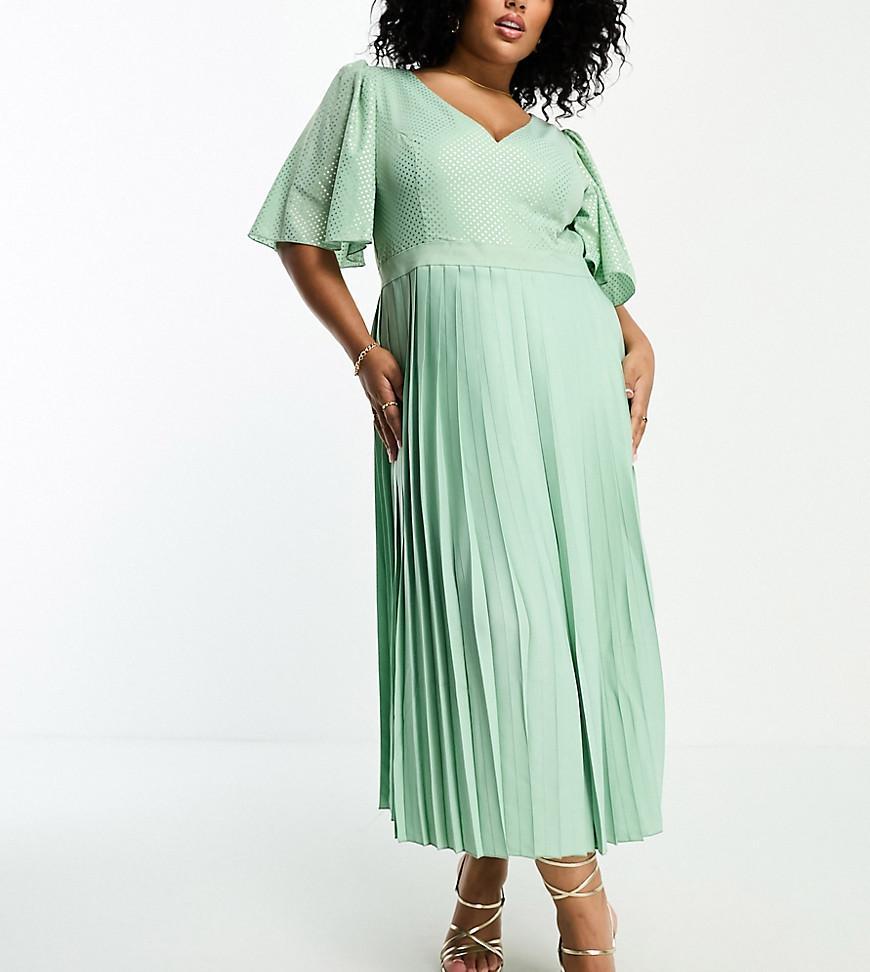 Little Mistress Plus plunge flutter sleeve midi dress in sage green Product Image