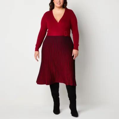 Robbie Bee Womens Long Sleeve Belted Striped Midi Sweater Dress Plus product image