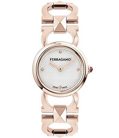 Salvatore Ferragamo Womens Swiss Gold Ion Plated Stainless Steel Stud Link Bracelet Watch 25mm Product Image