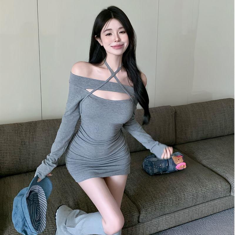 Long-Sleeve Halter Neck Plain Mini Bodycon Dress Product Image