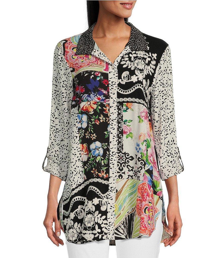 John Mark Petite Size Embroidered Multiple Print Point Collar 3/4 Roll-Tab Sleeve Button-Front Tunic Product Image