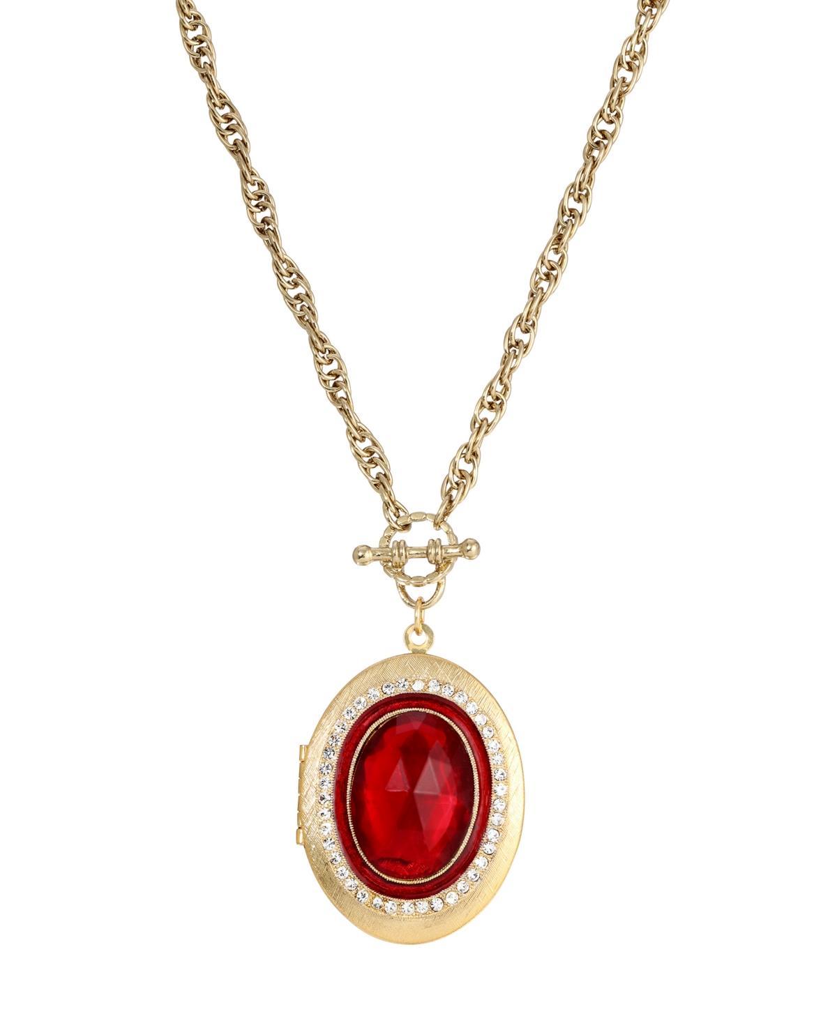 1928 Gold Tone Red Stone and Simulated Crystal Accent Oval Locket Necklace, Womens Product Image