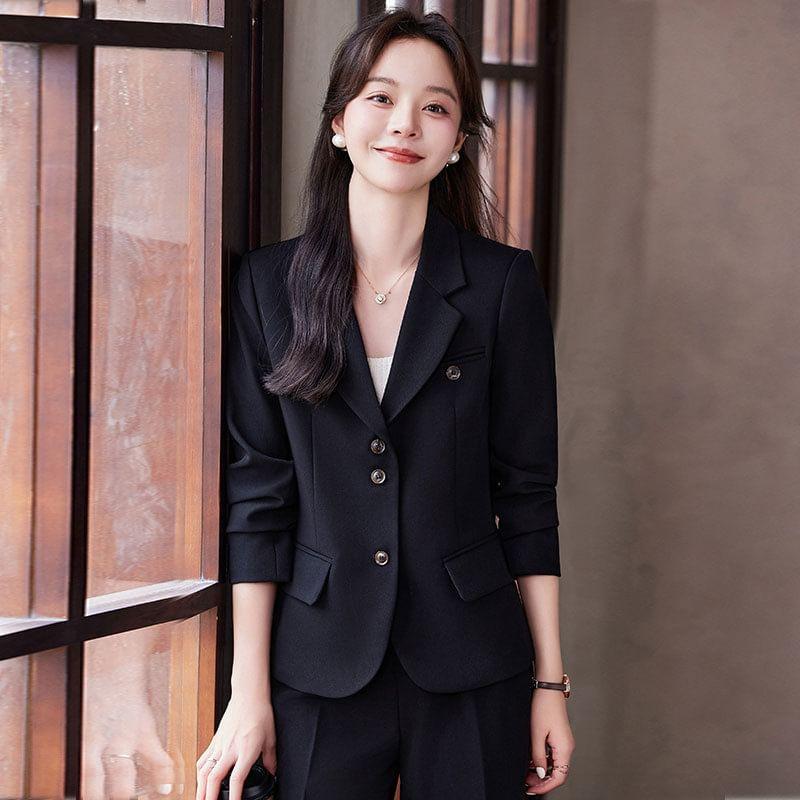 Lapel Collar Plain Single Breasted Blazer / Mid Rise Plain Wide Leg Suit Pants / Set Product Image